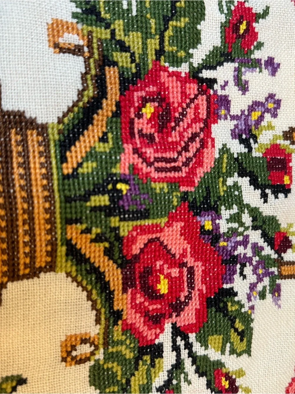 Floral Basket Embroidered Throw Pillow Cover or Wall Hanging